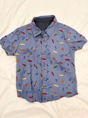 Weatherproof Blue Short-Sleeve Button-Down Shirt with Surfboard Print
